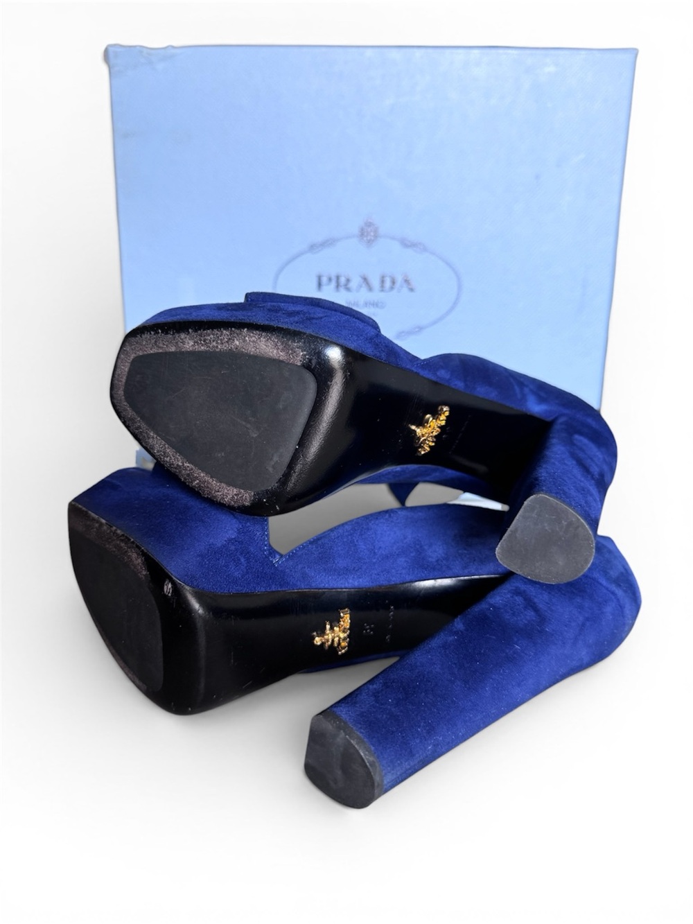 Prada Navy Blue Suede Platform Ankle-Strap Heels - Picture 5 of 7